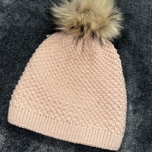 Pink Knit Beanie with Faux Fur Pom